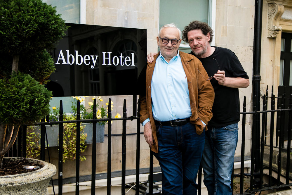 Marco Pierre White and his mentor, Pierre Koffmann, celebrate the signing of the new Koffman & Mr White’s English French brasserie restaurant at the Abbey Hotel, Bath.jpg