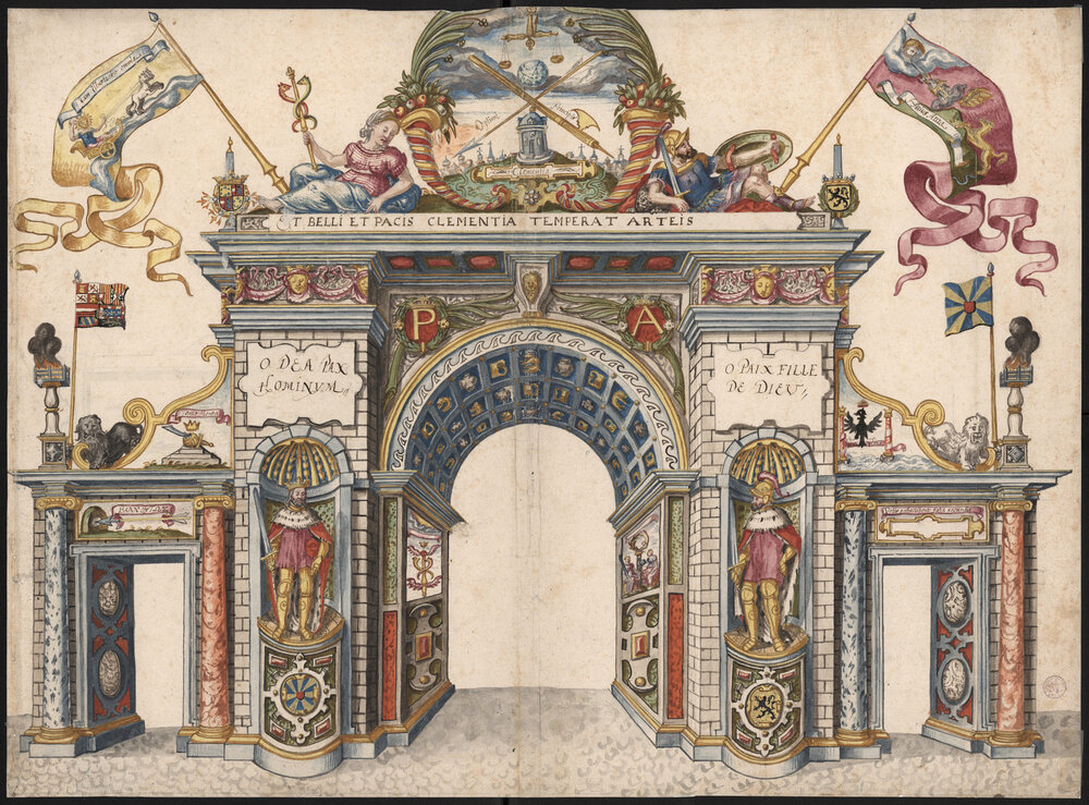 Van der Schelden maakte onder meer deze tekening van een driedubbele triomfboog in de Hoogpoort.