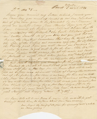 Persoonlijke brief van Lieven Bauwens (1769-1822) aan zijn vrouw Mary Kenyon toen zij namens hem in Engeland verbleef. Hij onderzocht toen de mogelijkheid om betrokken te geraken bij de zijdespinnerij. De brieven zijn een mix van zakelijke aangelegenheden en persoonlijke genegenheid voor zijn vrouw.