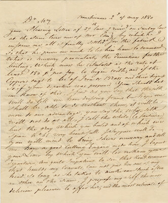 Persoonlijke brief van Lieven Bauwens (1769-1822) aan zijn vrouw Mary Kenyon toen zij namens hem in Engeland verbleef. Hij onderzocht toen de mogelijkheid om betrokken te geraken bij de zijdespinnerij. De brieven zijn een mix van zakelijke aangelegenheden en persoonlijke genegenheid voor zijn vrouw.