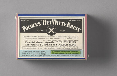 Doos voor pijnstiller van het merk Het Witte Kruis. Collectie Industriemuseum.jpg