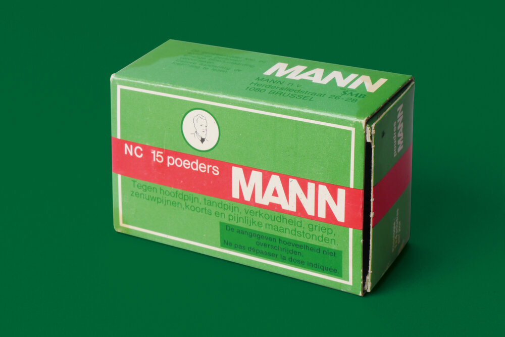 Doosje voor pijnstillers van het merk Mann, jaren 1970-1990. (Collectie Industriemuseum)