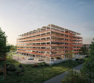 Een simulatiebeeld van het tweede parkeergebouw, met zicht vanuit Middenstraat (oost) © Q-Park