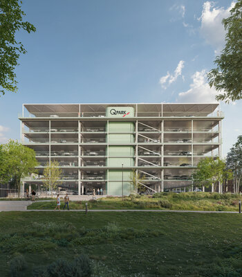 Een simulatiebeeld van het eerste parkeergebouw, met zicht vanuit parkgebied (oost) © Q-Park