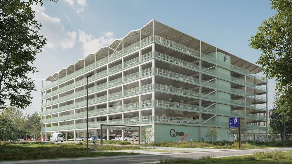 Zo moet het eerste parkeergebouw op Eiland Zwijnaarde er gaan uitzien. © Q-Park