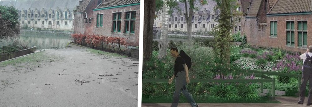 Het Appelbrugparkje, met rechts een toekomstbeeld.