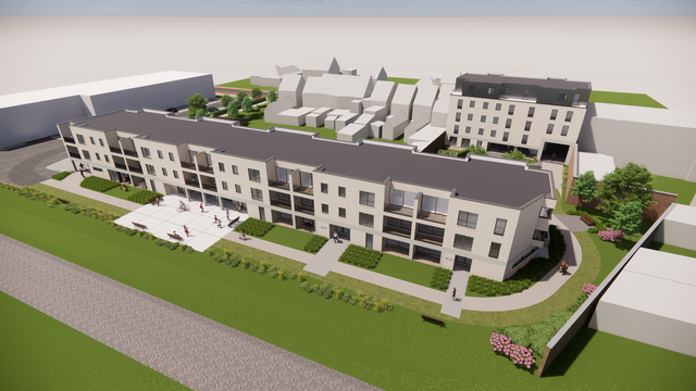 Een toekomstbeeld. 15 appartementen  komen aan de Evergeemsesteenweg, dieper op de site komen de resterende 28.