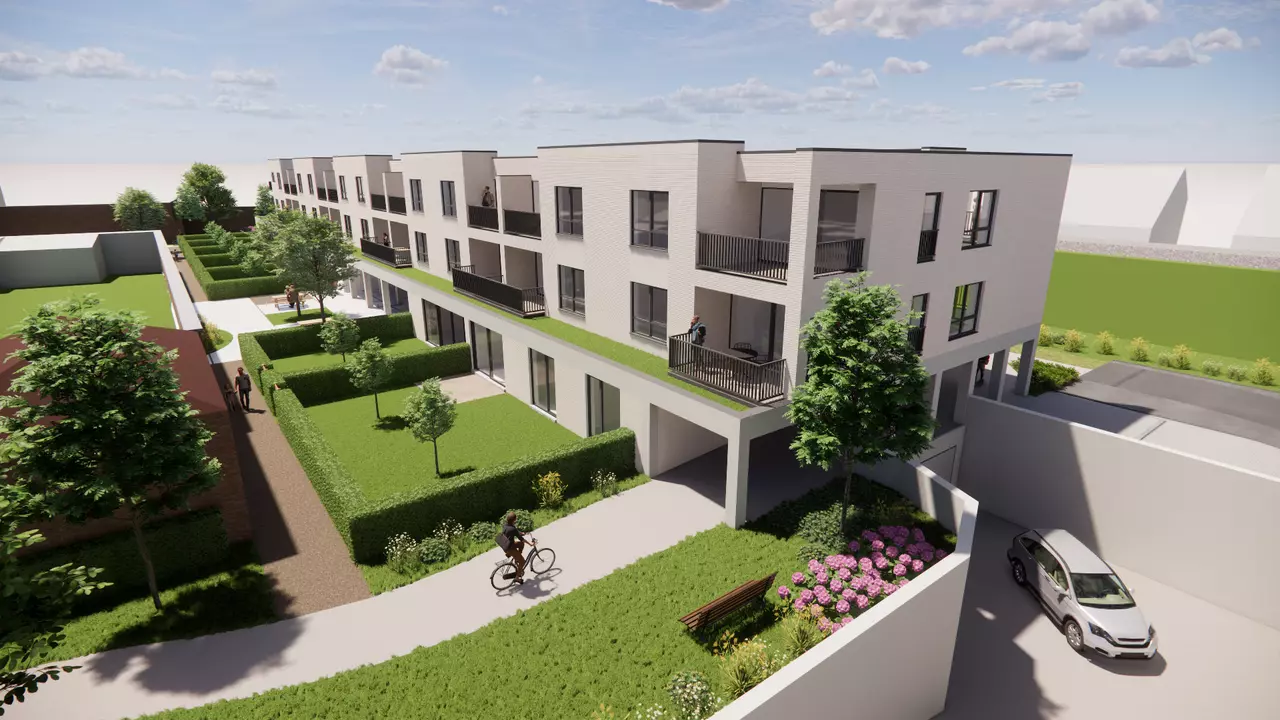 Een toekomstbeeld van de appartementen dieper op de site.