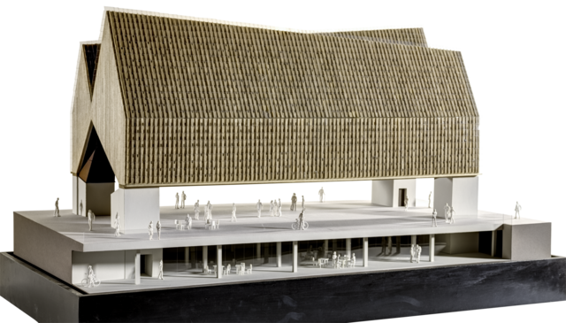 Deze maquette toont het finale ontwerp op schaal 1/50 van de architectenbureaus Robbrecht & Daem en Marie-José Van Hee.