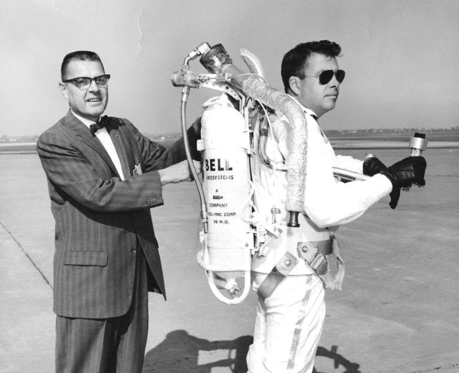 Invented by Wendell Moore, the Bell Rocket Belt Jet Pack took its first flight in 1960.