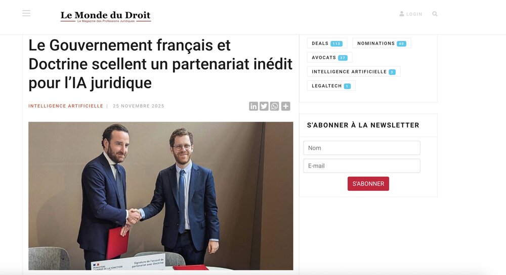 Le Gouvernement français et Doctrine scellent un partenariat inédit pour l’IA juridique