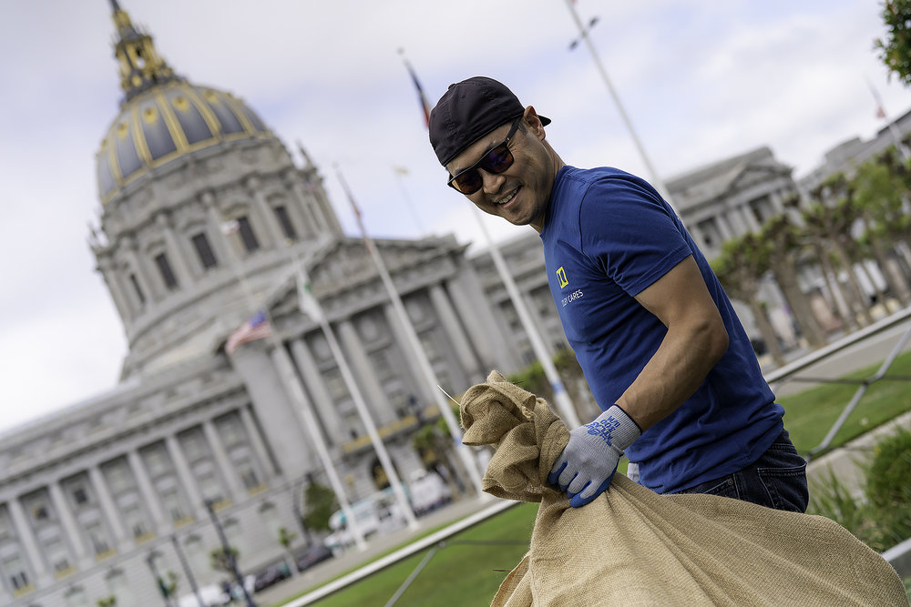 Gardening at SF Civic Center Park at 2019 Dolby Cares Day