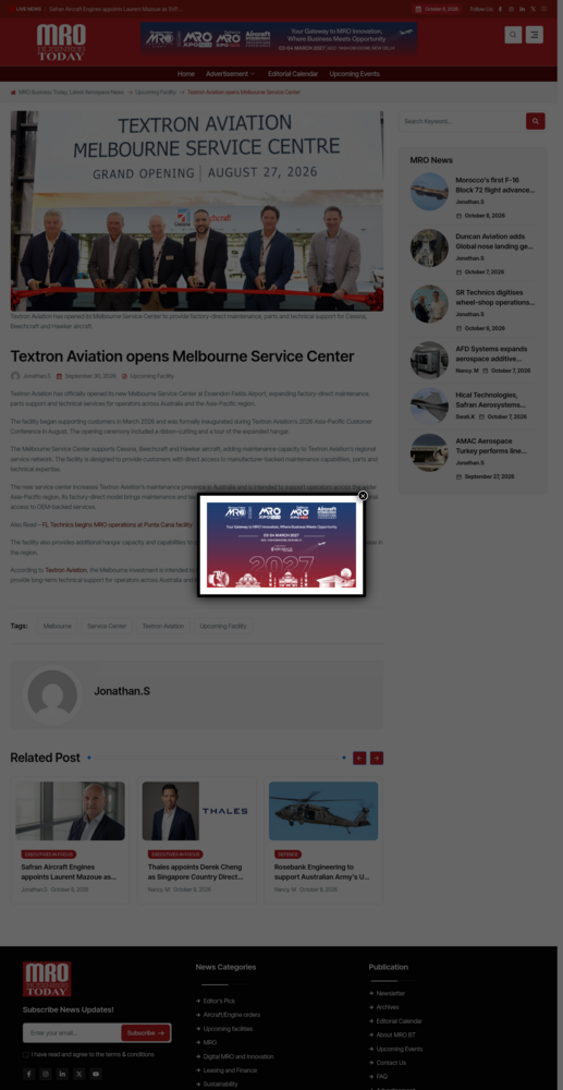 Textron Aviation has opened its Melbourne Service Center to provide factory-direct maintenance
