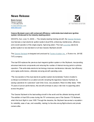 Solid-state dual electronic ignition system introduced to the industry-leading Cessna Skyhawk
