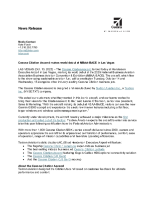 RELEASE_Cessna Citation Ascend makes world debut at NBAA-BACE in Las Vegas