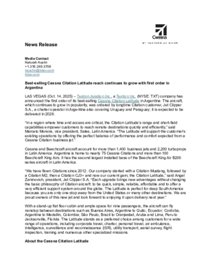 RELEASE_Best-selling Cessna Citation Latitude reach continues to grow with first order in Argentina