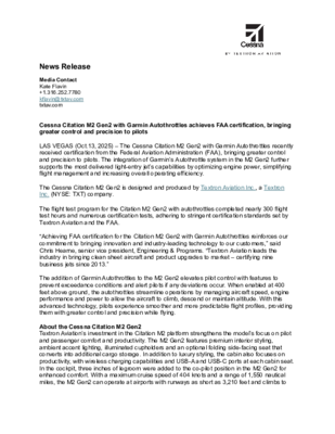 RELEASE_ FAA Certification Garmin Autothrottles on Cessna Citation M2 Gen2