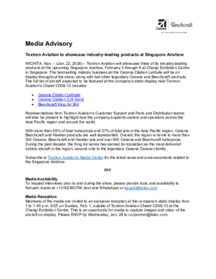 2026 Singapore Airshow Media Advisory