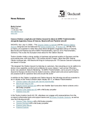 RELEASE Cessna Citation Longitude, Citation Ascend to debut at AERO Friedrichshafen