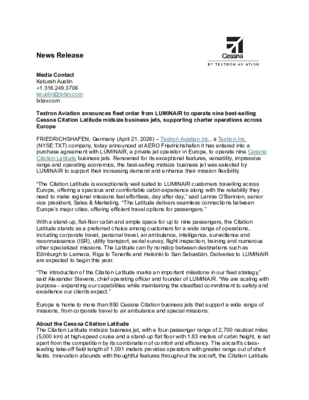 RELEASE_Textron Aviation announces fleet order from LUMINAIR