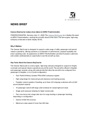 NEWS BRIEF - Cessna SkyCourier makes show debut at AERO Friedrichshafen