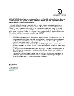 NEWS BRIEF_Textron Aviation announces fleet order from SD Aviation for three Cessna Citation light jets 