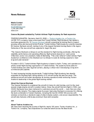NEWS RELEASE Cessna Skyhawk selected by Turkish Airlines Flight Academy for fleet expansion