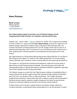 FINAL_Epic Flight Academy agrees to purchase up to 50 Pipistrel Voyager aircraft