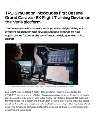 TRU Simulation introduces first Cessna Grand Caravan EX Flight Training Device on the Veris platform
