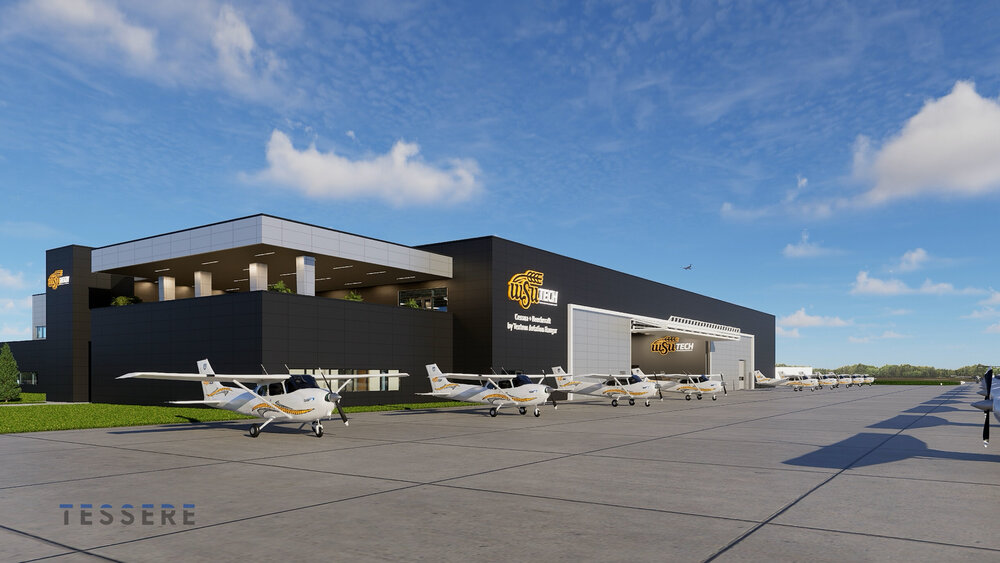 Exterior rendering of the Cessna + Beechcraft by Textron Aviation Hangar