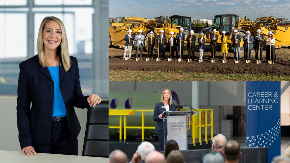Top: Maggie Topping and Ron Draper, president and CEO, at the groundbreaking for the expansion of the National Center for Aviation Training.Bottom: Maggie Topping addresses the audience at the Career & Learning Center grand opening.