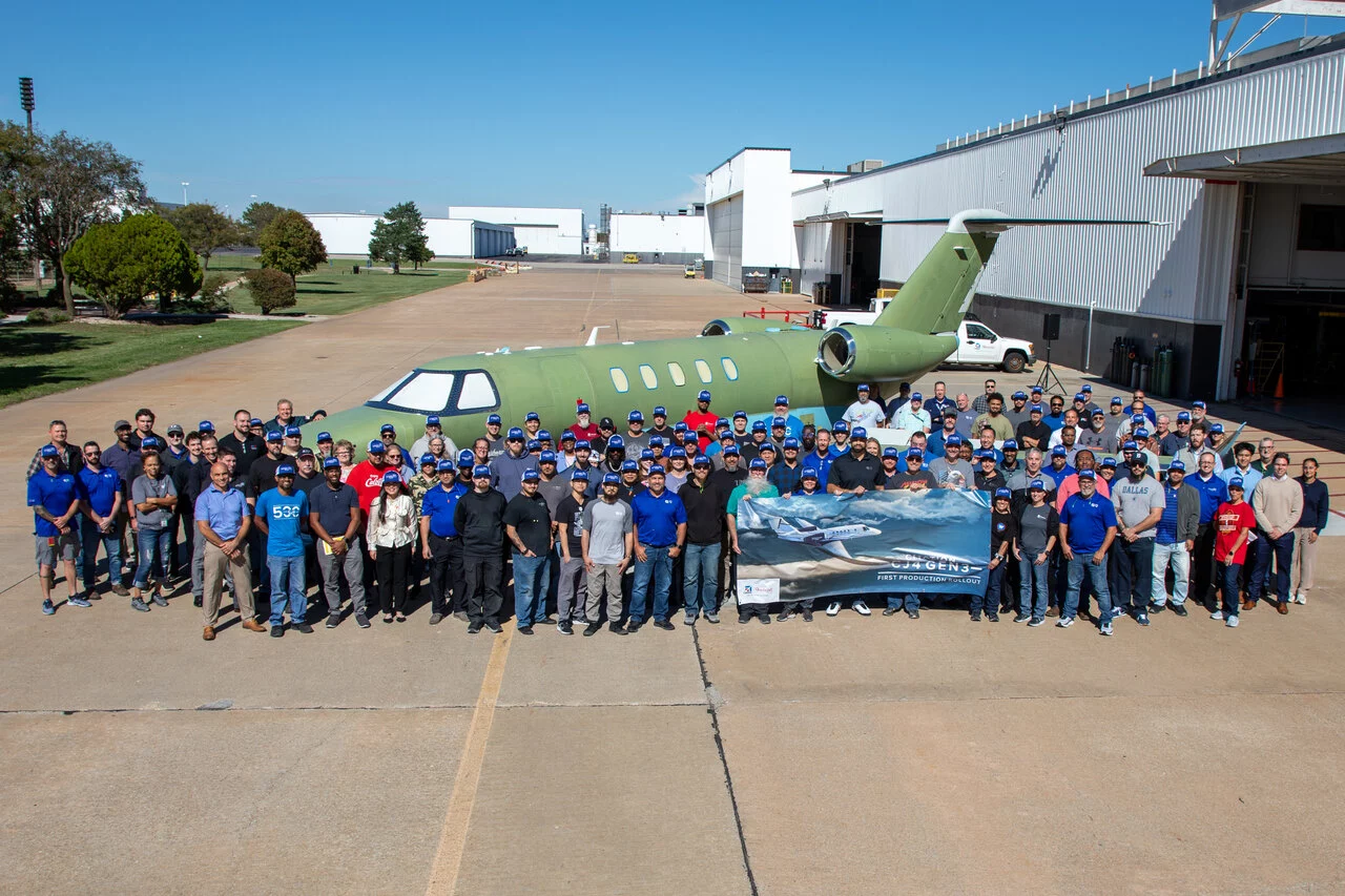 Textron Aviation employees celebrate the first Cessna Citation CJ4 Gen3 production unit rollout in Wichita, Kansas.jpg