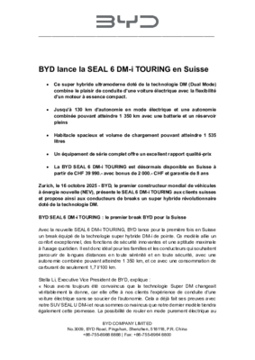 Communiqué de presse _BYD SEAL 6 DM-i TOURING Launch Suisse