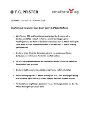 F.G. Pfister_Medienmitteilung_Emaform AG neu unter dem Dach der F.G. Pfister Stiftung_05.12.25
