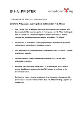 F.G. Pfister_Communqué de presse_Emaform AG passe sous l’égide de la fondation F.G. Pfister_05.12.25