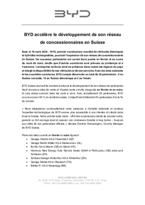 BYD Nouveaux concessionnaires Communiqué de presse