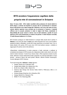 BYD Nuovi concessionari Comunicato stampa