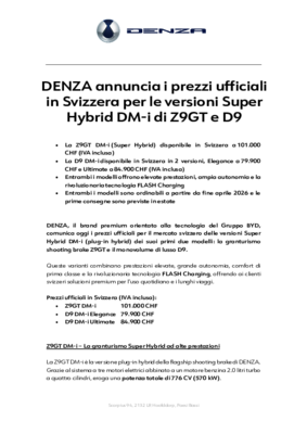 DENZA Svizzera - Modelli Z9GT DM-i e D9 DM-i e prezzi