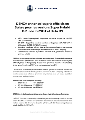 DENZA Suisse - Modèles Z9GT DM-i et D9 DM-i et tarifs