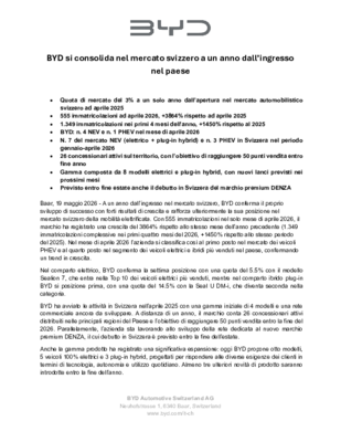 BYD_Si consolida nel mercato svizzero_Comunicato Stampa