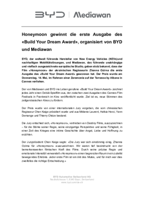 Honeymoon gewinnt die erste Ausgabe des „Build Your Dream Award“, organisiert von BYD und Mediawan