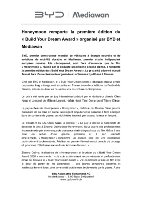 Honeymoon remporte la première édition du 'Build Your Dream Award' organisé par BYD et Mediawan
