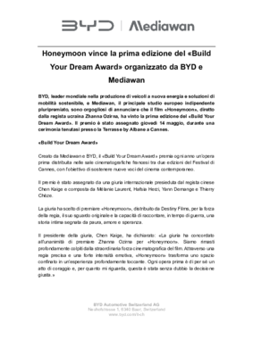 Honeymoon vince la prima edizione del “Build Your Dream Award” organizzato da BYD e Mediawan