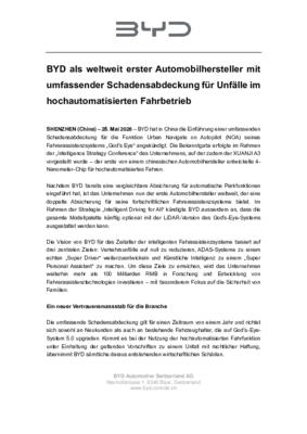BYD als erster Automobilhersteller mit umfassender Schadensabdeckung für Unfälle im autonomen Fahren