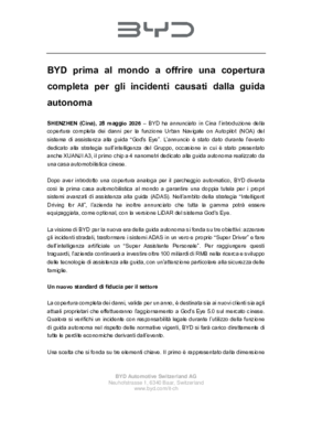 BYD prima al mondo a offrire una copertura completa per gli incidenti causati dalla guida autonoma
