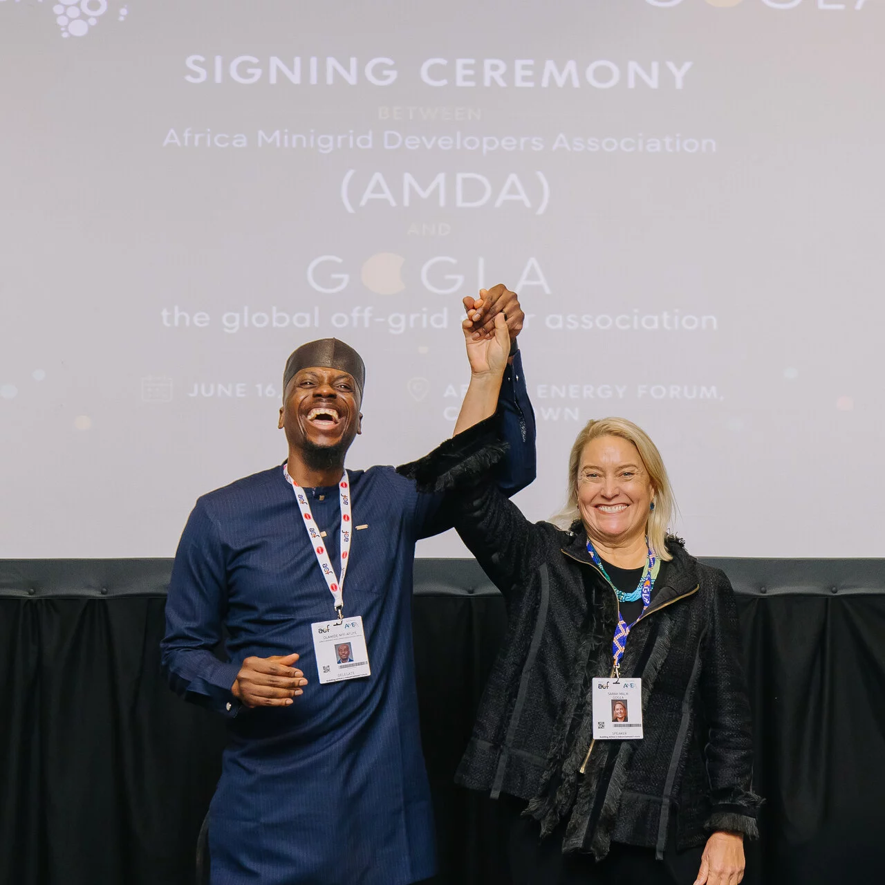 AMDA, the Africa Minigrid uDevelopers Associaiton, and GOGLA, the global off-grid solar association, sign a strategic collaboration agreeement at Africa Energy Forum 2026