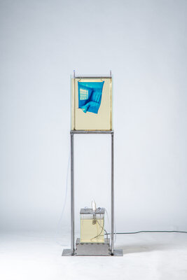 Vincent Zanni, La Maison #3, Cyanotype prints on gelatine, glass, steel, water, 30x50x148cm, 2023