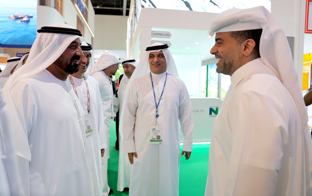 H.H Sheikh Ahmed bin Saeed Al Maktoum, President of Dubai Civil Aviation Authority and Chairman and Chief Executive Emirates, Airline and Group, with Qatar Airways Group Chief Executive Officer, Engr. Badr Mohammed Al-Meer, and the Chief Executive Officer of flydubai, Ghaith Al Ghaith, during the opening tour of the thirty-first edition of the Arabian Travel Market 2024.  