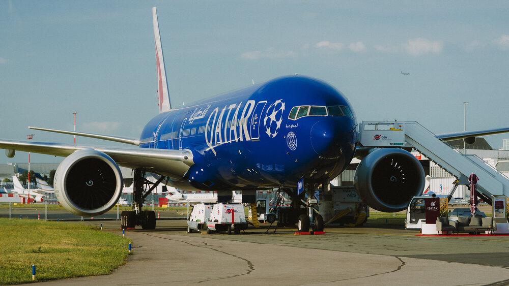 Qatar Airways B777 UEFA Champions League Livery at the 55th Paris Air Show.jpg