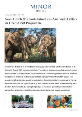 Avani Hotels & Resorts Introduces Asia-wide Dollars for Deeds CSR Programme